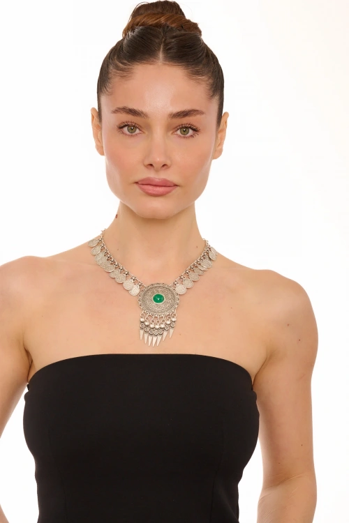 Kiraz Green Stoned Silver Plated Necklace