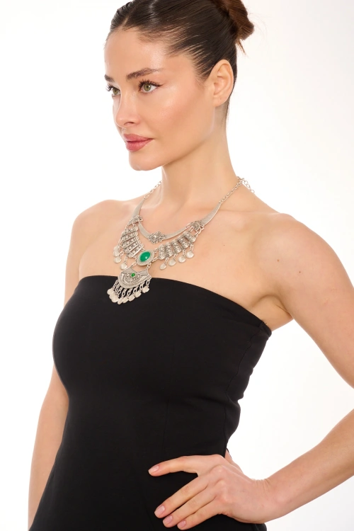 Kiraz Green Stoned Silver Plated Necklace