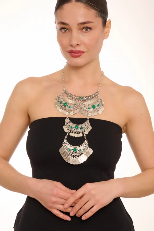 Kiraz Green Stoned Silver Plated Necklace