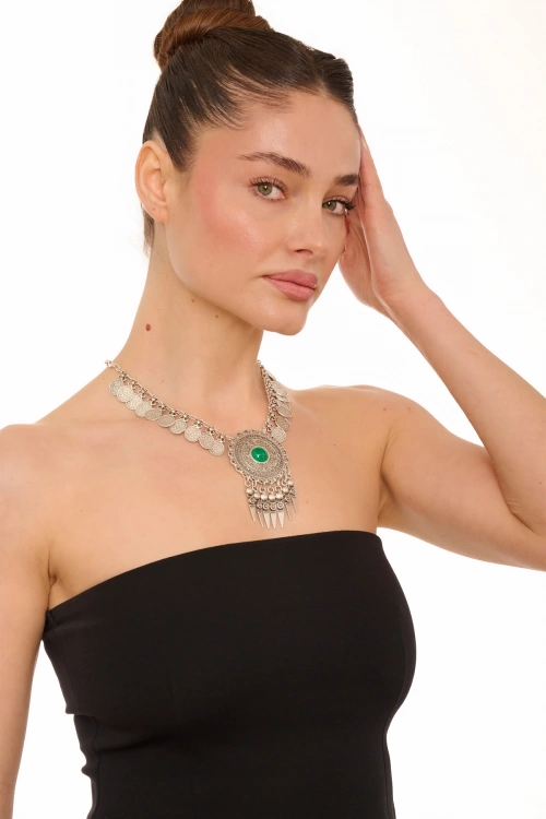 Kiraz Green Stoned Silver Plated Necklace