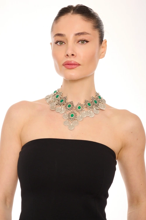 Kiraz Green Stoned Silver Plated Necklace