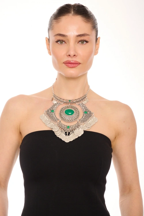 Kiraz Green Stoned Silver Plated Necklace