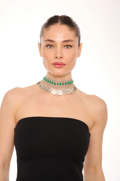 Kiraz Green Stoned Silver Plated Necklace