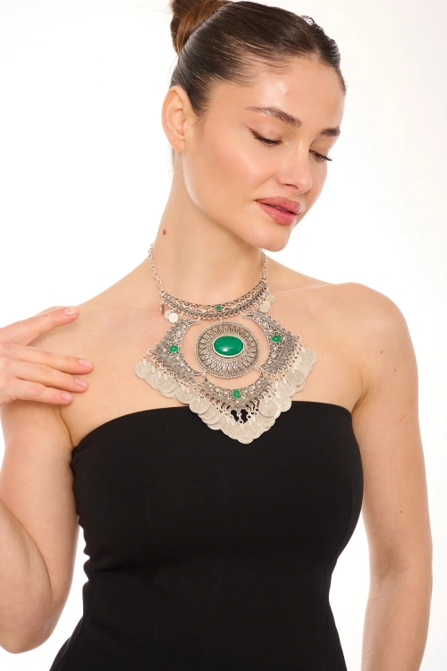 Kiraz Green Stoned Silver Plated Necklace