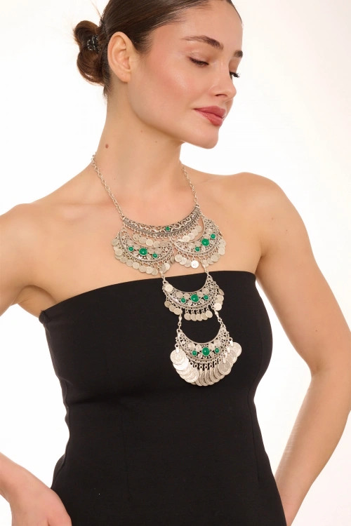 Kiraz Green Stoned Silver Plated Necklace