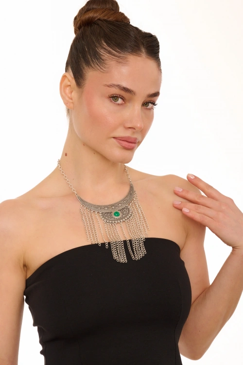 Kiraz Green Stoned Silver Plated Necklace