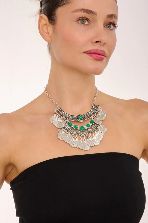 Kiraz Green Stoned Silver Plated Necklace