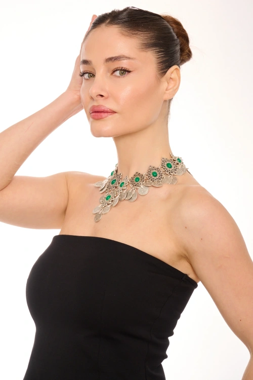 Kiraz Green Stoned Silver Plated Necklace