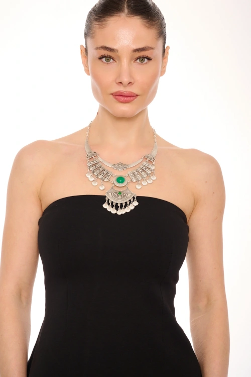 Kiraz Green Stoned Silver Plated Necklace