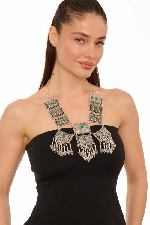 Kiraz Green Stoned Silver Plated Necklace