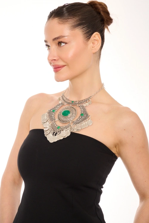 Kiraz Green Stoned Silver Plated Necklace