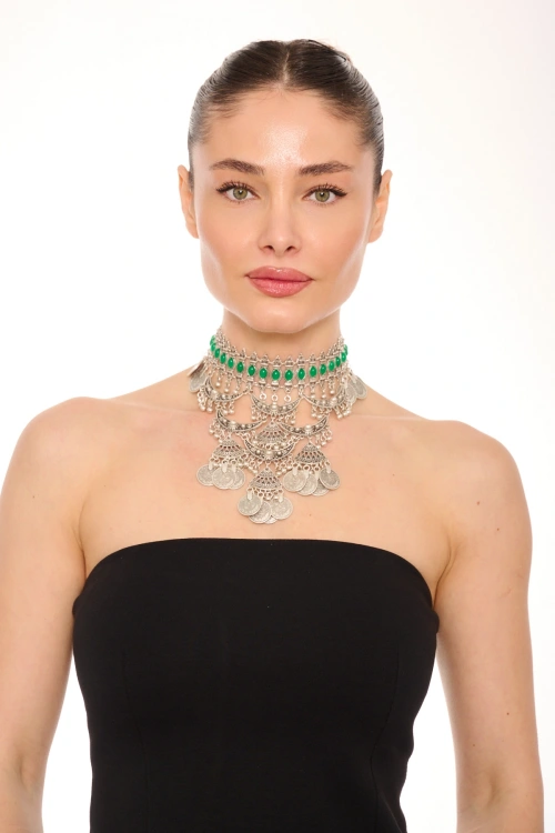 Kiraz Green Stoned Silver Plated Necklace