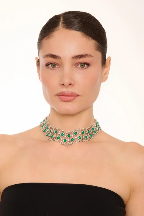 Kiraz Green Stoned Silver Plated Necklace