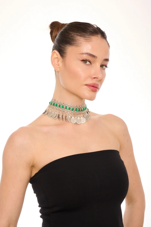 Kiraz Green Stoned Silver Plated Necklace