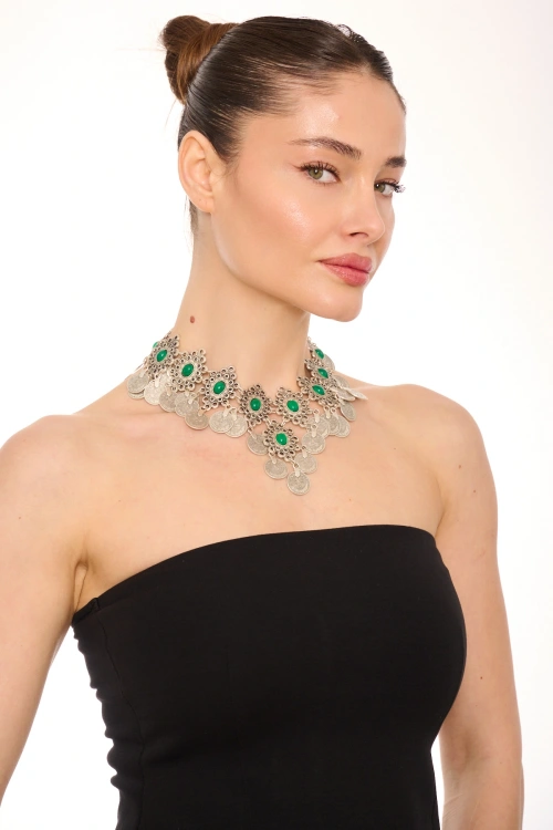 Kiraz Green Stoned Silver Plated Necklace