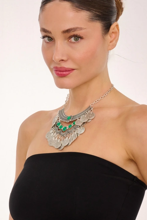 Kiraz Green Stoned Silver Plated Necklace