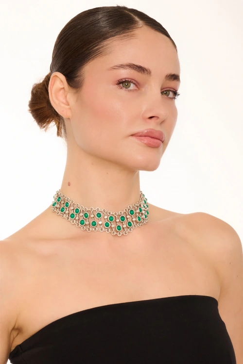 Kiraz Green Stoned Silver Plated Necklace