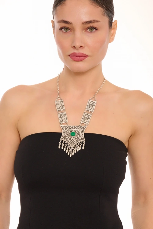 Kiraz Green Stoned Silver Plated Necklace