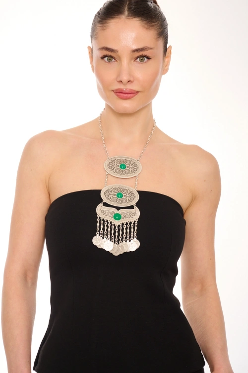 Kiraz Green Stoned Silver Plated Necklace