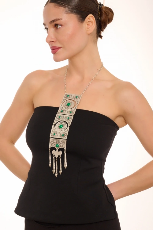 Kiraz Green Stoned Silver Plated Necklace