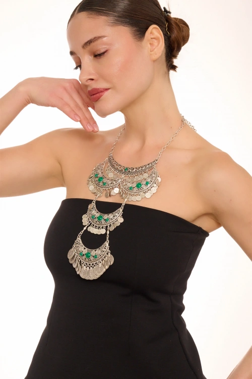 Kiraz Green Stoned Silver Plated Necklace