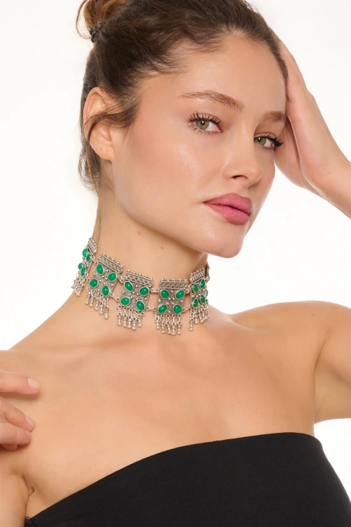 Kiraz Green Stoned Silver Plated Necklace