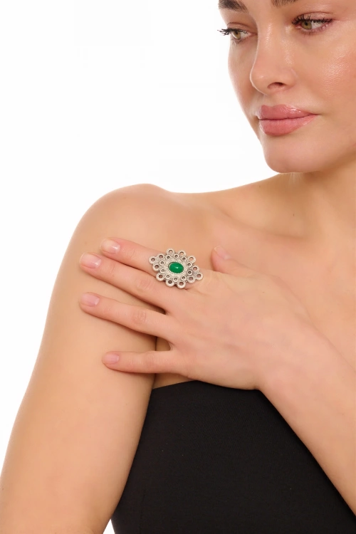 Kiraz Green Stoned Silver Plated Ring