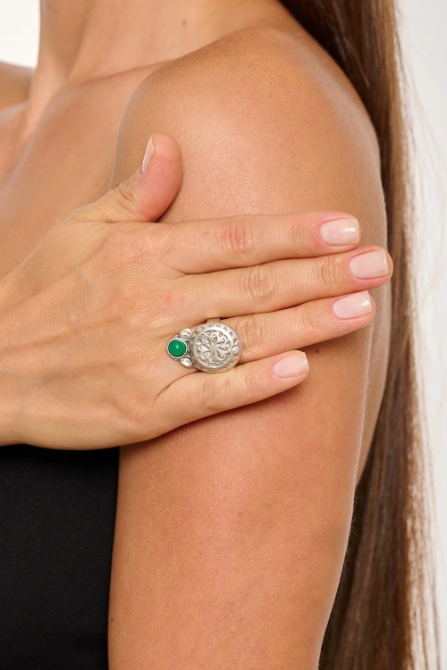 Kiraz Green Stoned Silver Plated Ring