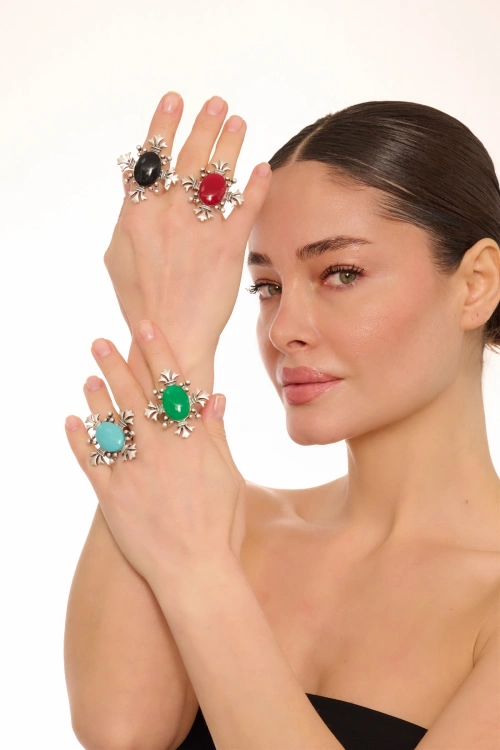 Kiraz Green Stoned Silver Plated Ring