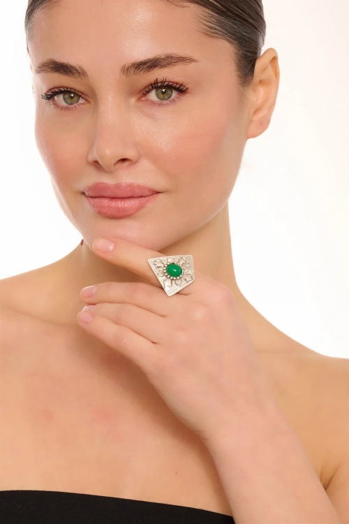 Kiraz Green Stoned Silver Plated Ring