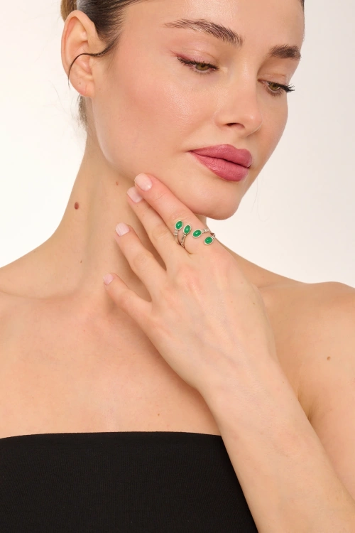 Kiraz Green Stoned Silver Plated Ring