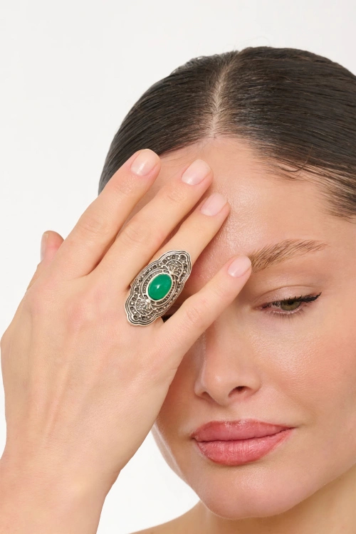 Kiraz Green Stoned Silver Plated Ring