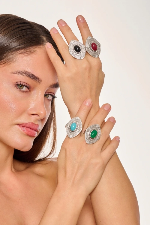 Kiraz Green Stoned Silver Plated Ring