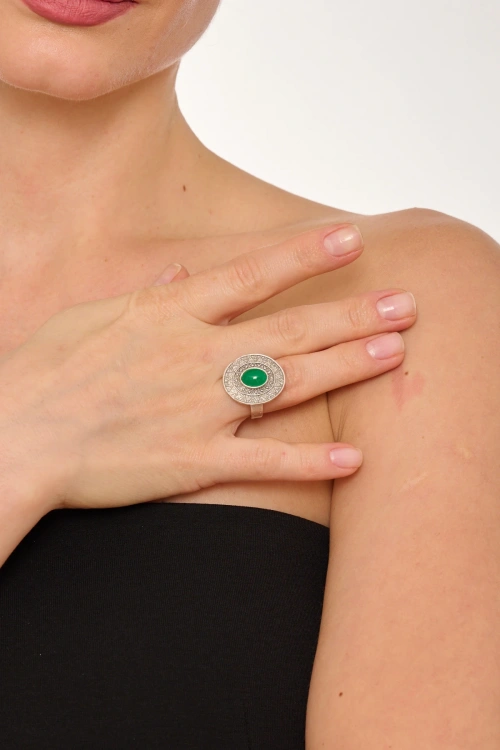 Kiraz Green Stoned Silver Plated Ring