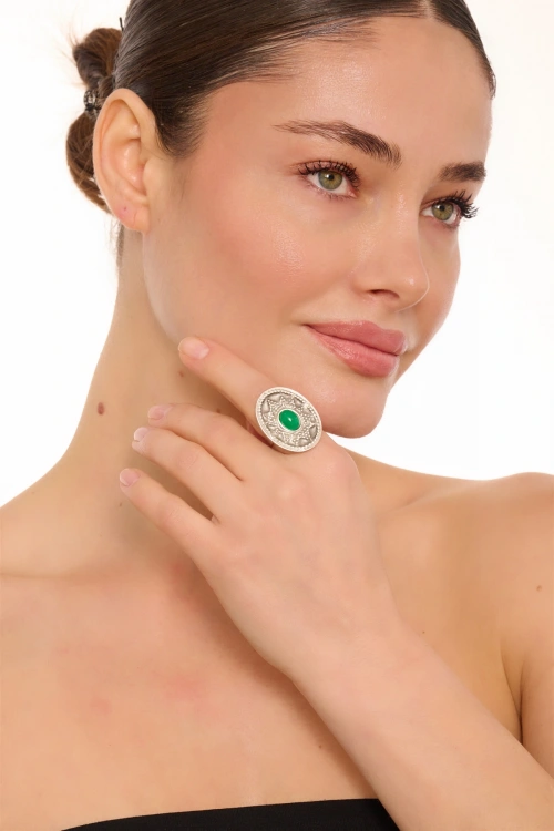 Kiraz Green Stoned Silver Plated Ring
