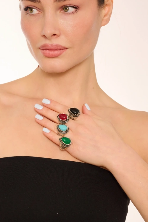 Kiraz Green Stoned Silver Plated Drop Ring