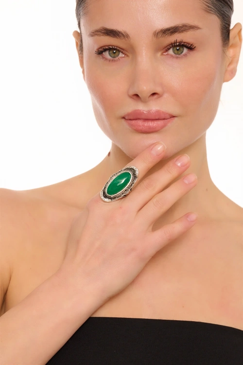 Kiraz Green Stoned Silver Plated Ring