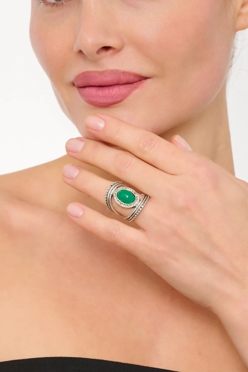 Kiraz Green Stoned Silver Plated Ring