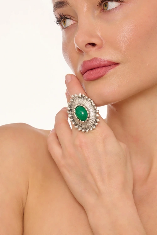 Kiraz Green Stoned Silver Plated Ring