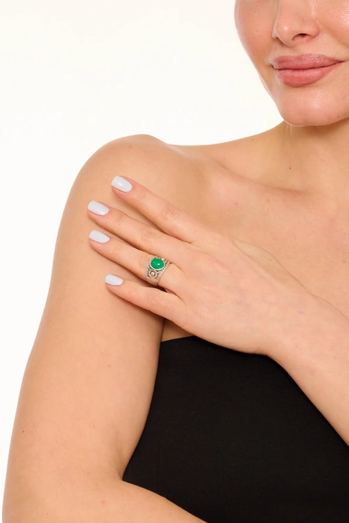 Kiraz Green Stoned Silver Plated Ring