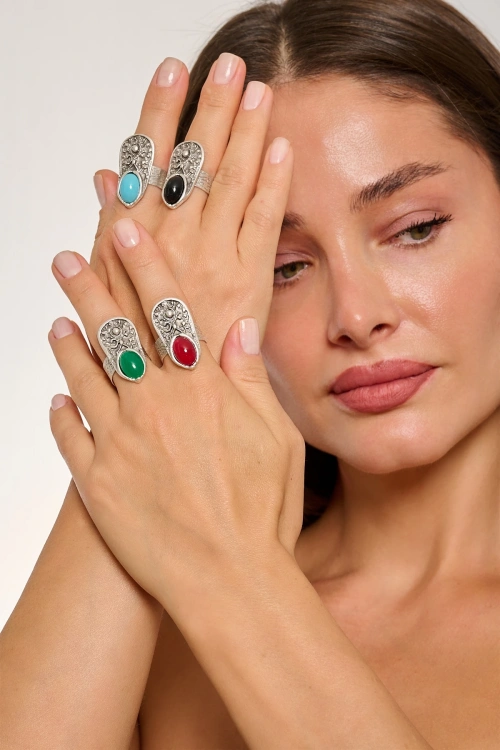 Kiraz Green Stoned Silver Plated Ring