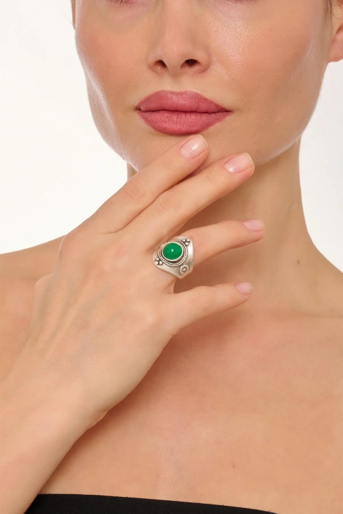 Kiraz Green Stoned Silver Plated Ring