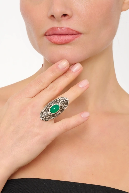 Kiraz Green Stoned Silver Plated Ring