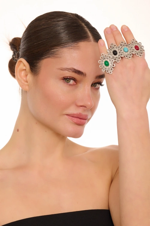 Kiraz Green Stoned Silver Plated Ring