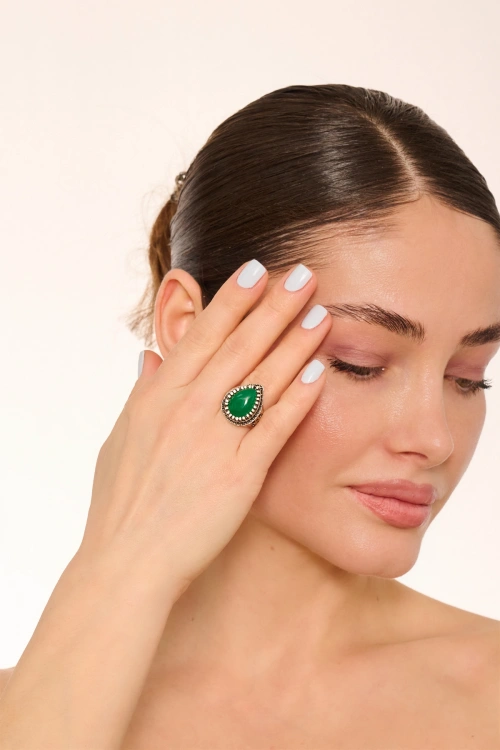 Kiraz Green Stoned Silver Plated Drop Ring