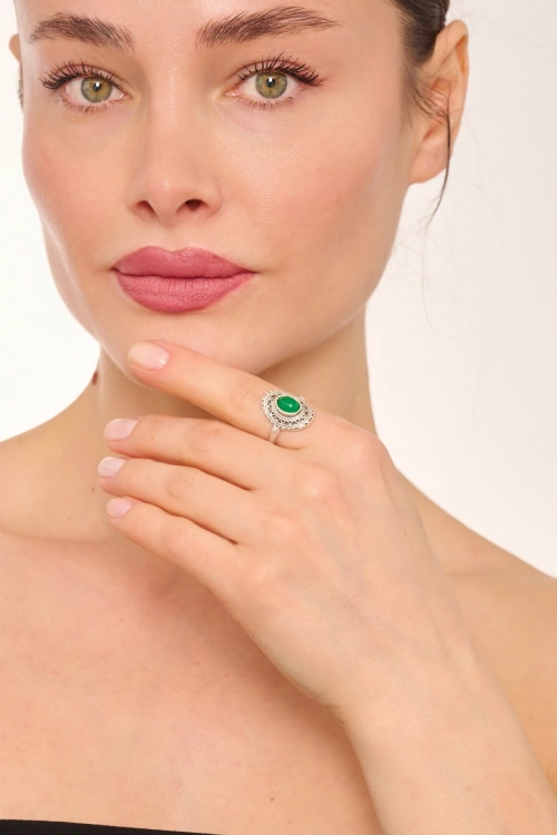 Kiraz Green Stoned Silver Plated Ring