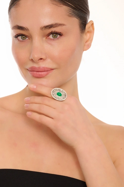 Kiraz Green Stoned Silver Plated Ring