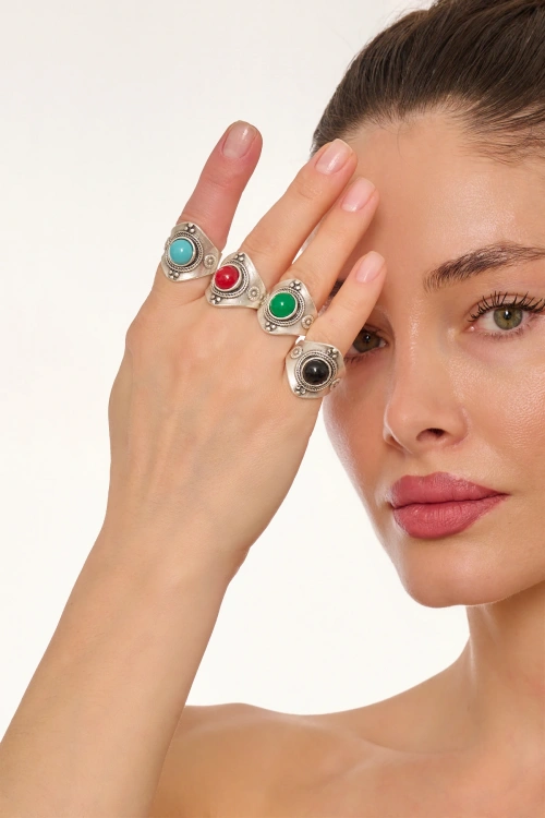 Kiraz Green Stoned Silver Plated Ring