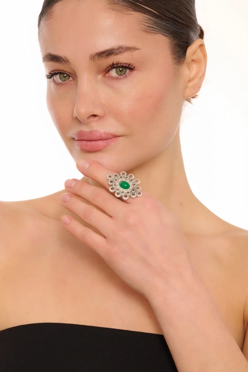 Kiraz Green Stoned Silver Plated Ring