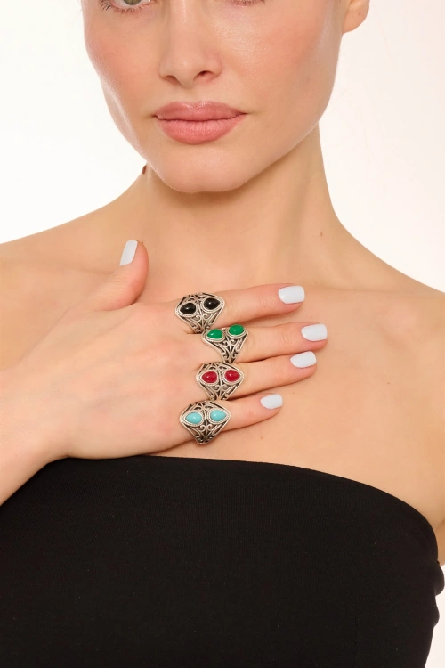 Kiraz Green Stoned Silver Plated Ring